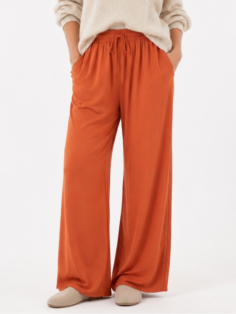 NEW Melloday Rust Orange Wide Leg Drawstring Pants L Bohemian Resort Pull On